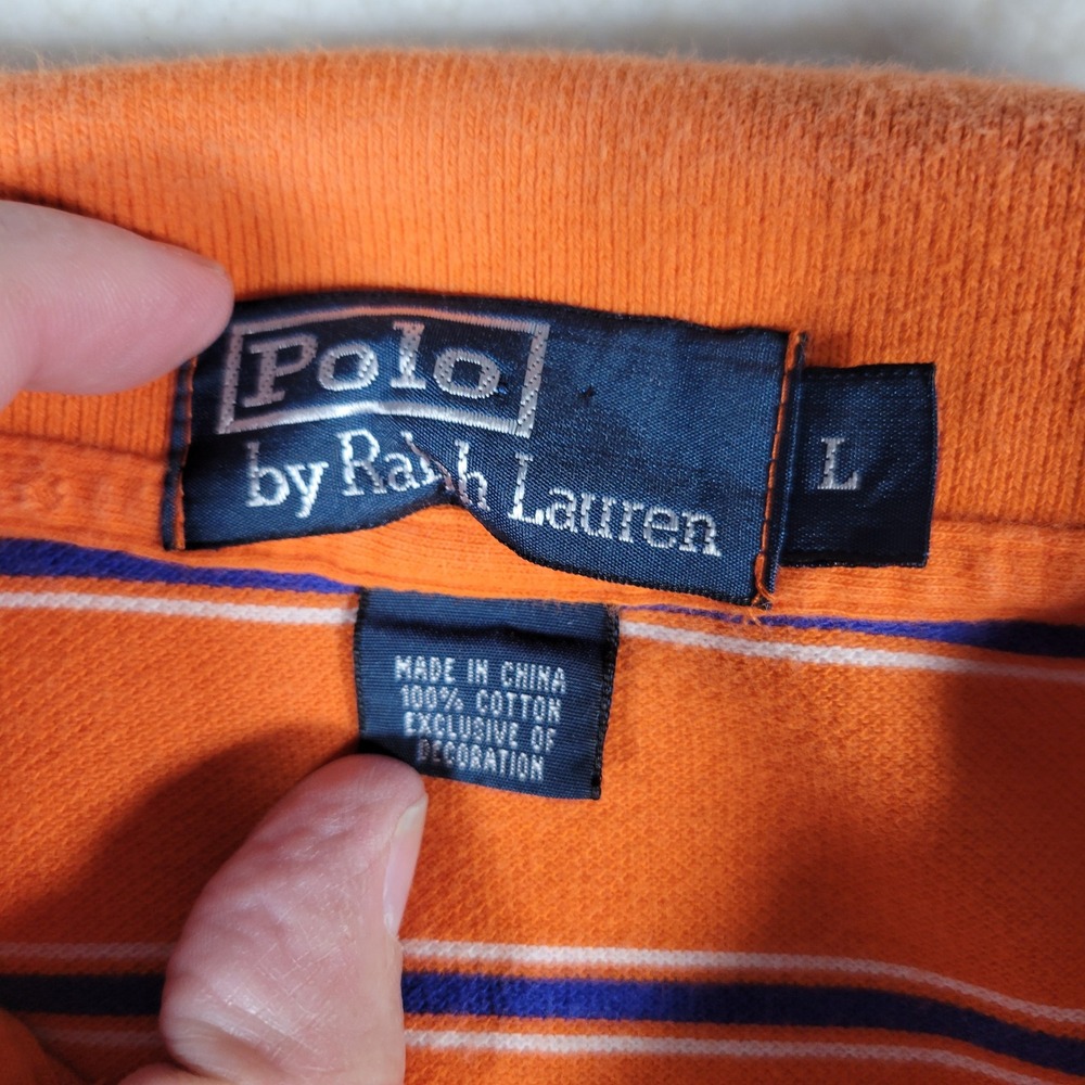 Polo Ralph Lauren Polo Shirt Mens Large Orange Blue Striped Short Sleeve Cotton - Picture 2 of 9